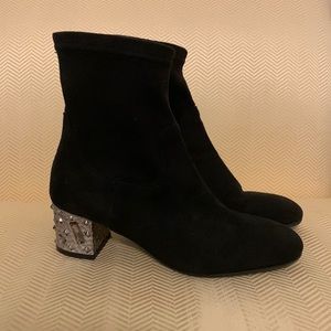 EUC faux suede finish ankle boot with jewelled heel